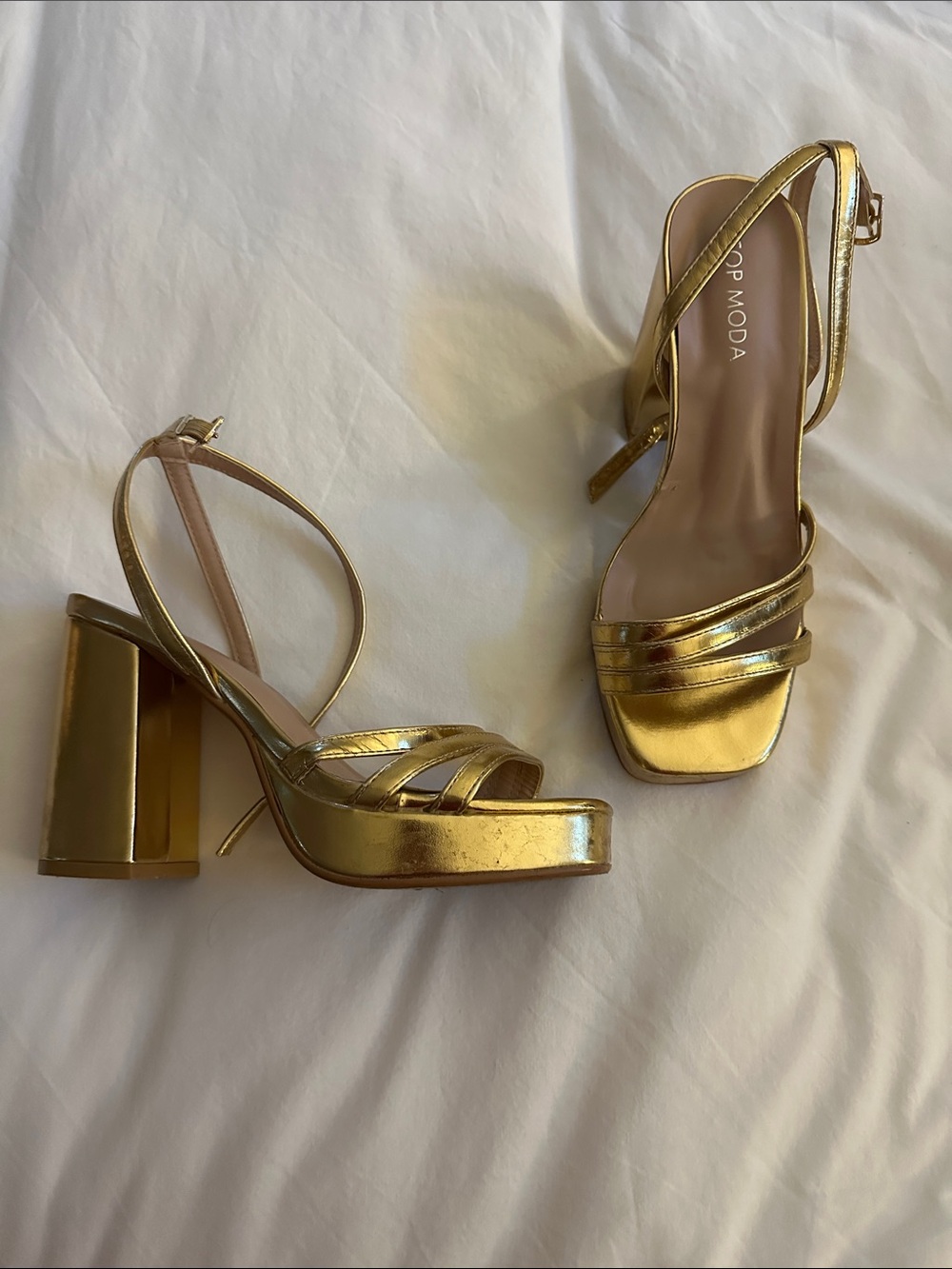 TOP Moda Metallic Gold Platform Block Heel Sandals
